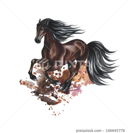 Running brown horse. Splashes and stains. Watercolor. For printing, stickers and labels. For postcards, business cards Running brown horse. Splashes and stains. Watercolor. For printing, stickers and labels. For postcards, business cards 106695776