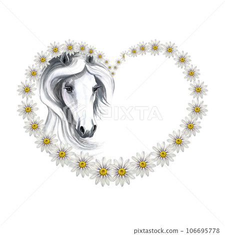 Portrait of a white horse decorated with heart-shaped daisies. Watercolor handmade. For printing, stickers and labels. Portrait of a white horse decorated with heart-shaped daisies. Watercolor handmade. For printing, stickers and labels. 106695778