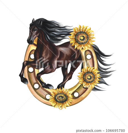 Running horse. Hand watercolor. Brown horse isolate. For printing, stickers and labels. For postcards, business cards Running horse. Hand watercolor. Brown horse isolate. For printing, stickers and labels. For postcards, business cards 106695780