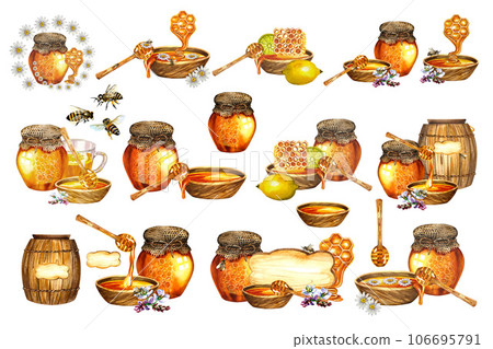 A set of compositions with honey.Isolate on a white background. watercolor hand drawn illustration. For design solutions for banners, postcards, packaging and labels, stickers, etc. A set of compositions with honey.Isolate on a white background. watercolor hand drawn illustration. For design solutions for banners, postcards, packaging and labels, stickers, etc. 106695791