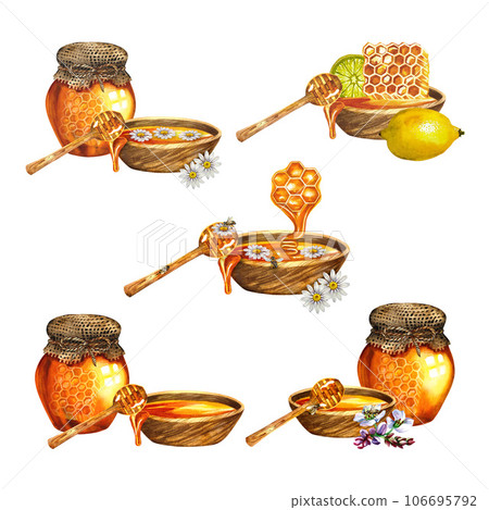 A set of compositions with honey.Isolate on a white background. watercolor hand drawn illustration. For design solutions for banners, postcards, packaging and labels, stickers, etc. A set of compositions with honey.Isolate on a white background. watercolor hand drawn illustration. For design solutions for banners, postcards, packaging and labels, stickers, etc. 106695792