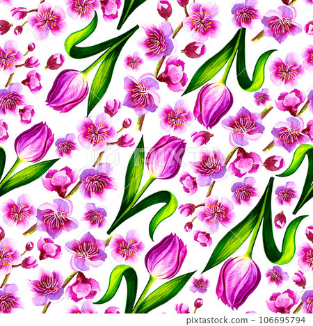 Spring gentle pattern with pink tulips and sakura. 106695794