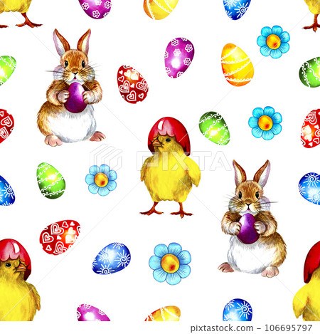 Seamless Easter pattern with eggs, chicks and rabbits. Watercolor illustration. For textiles, packaging, decoration 106695797