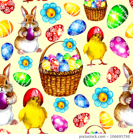 Colorful Easter background. Seamless pattern with eggs, chickens and rabbits. On a yellow background. Watercolor. 106695798