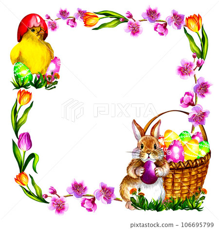 Easter watercolor frame with chick, bunny, basket of easter eggs and flowers. On a white background. Watercolor. 106695799