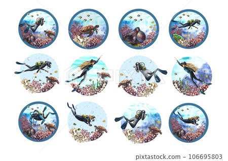 A set of round compositions with divers at the bottom of the sea. Watercolor hand drawn illustration. For label, magnet, business card and banner, flyer and brochure. For prints, stickers, postcards. 106695803