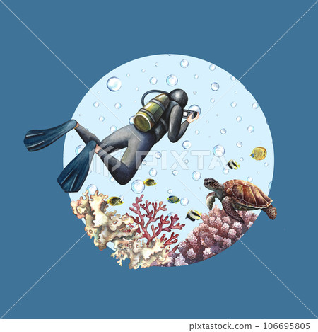 The diver swims underwater at the bottom of the sea. Underwater travel. Watercolor hand drawn. Concept for label, magnet The diver swims underwater at the bottom of the sea. Underwater travel. Watercolor hand drawn. Concept for label, magnet 106695805