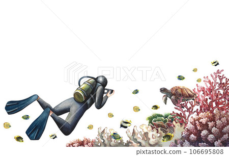 Diver swim underwater. Underwater travel. Watercolor hand drawn. On a white background. Concept for label Diver swim underwater. Underwater travel. Watercolor hand drawn. On a white background. Concept for label 106695808