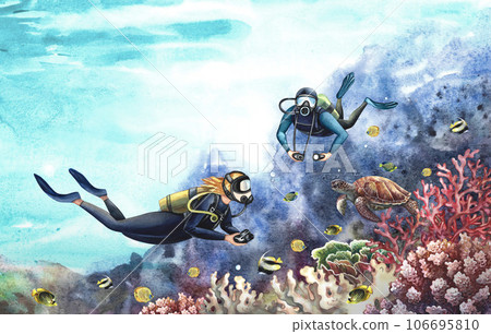 Divers swim underwater. Underwater travel. Watercolor hand drawn. Against the backdrop of an underwater seascape. 106695810