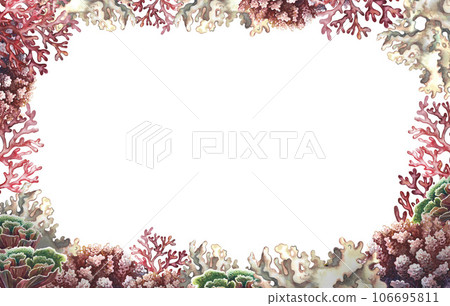 Coral frame. Undersea world. Watercolor hand drawn. Aquarium, tropical reef. Concept for label, business card and banner Coral frame. Undersea world. Watercolor hand drawn. Aquarium, tropical reef. Concept for label, business card and banner 106695811