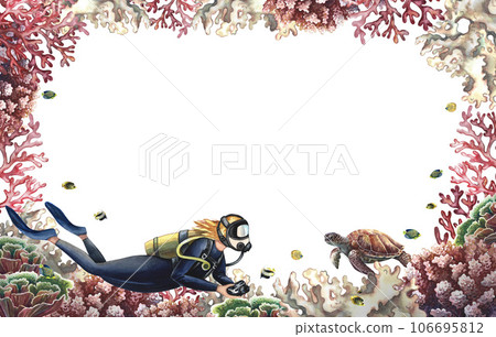 Coral frame with diver and marine life. Undersea world. Watercolor hand drawn. Aquarium, tropical, reef. Coral frame with diver and marine life. Undersea world. Watercolor hand drawn. Aquarium, tropical, reef. 106695812