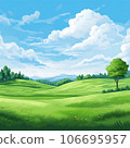 green field and blue sky with clouds 106695957