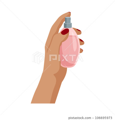 Woman's hand is holding a Bottle of parfum. Eau de Toilette. Flat vector illustration isolated on white background. Woman's hand is holding a Bottle of parfum. Eau de Toilette. Flat vector illustration isolated on white background. 106695973