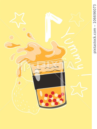 Bubble tea. Orange or peach fruit cold drink with tapioca balls. Asian summer tropical beverage. Takeaway milkshake. Popular sweet pearl milk. Liquid in motion. Hand drawn vector illustration 106696073