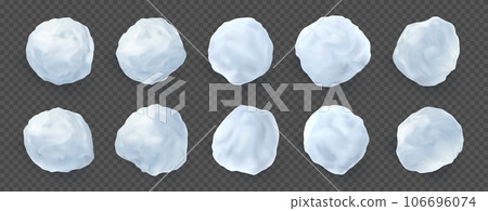 Snowballs. Realistic snow balls, winter white splash for christmas game, frost snow fight. Christmas holidays decor. Frozen snowflakes. Vector illustration isolated on transparent background 106696074