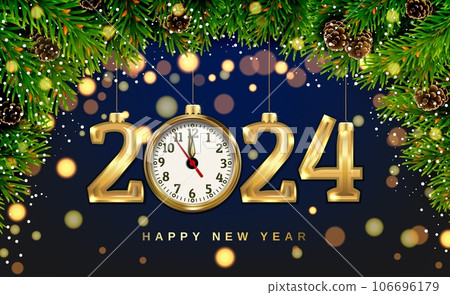 Christmas background fir branches bokeh clock 2024 106696179