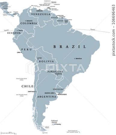 South America, gray political map with international borders and capitals. A continent, bordered by the Pacific and Atlantic Ocean, North America and the Caribbean Sea. Isolated illustration. Vector. 106696463