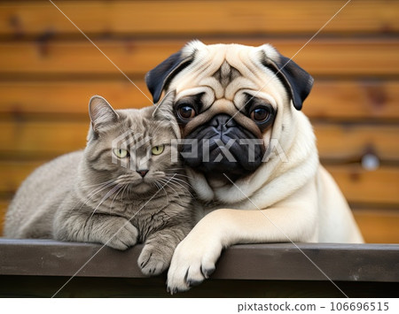 Animal friendship, cat and dog hugged each other 106696515