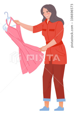 Woman looking on pink dress. Clothes shopping person Woman looking on pink dress. Clothes shopping person 106696573
