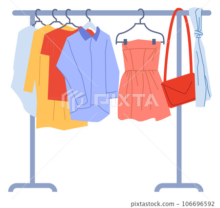 Wardrobe rack with hanging clothes. Outfit store hanger Wardrobe rack with hanging clothes. Outfit store hanger 106696592