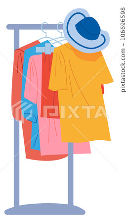 Clothes store rack icon. Wardrobe concept. Dress hanger Clothes store rack icon. Wardrobe concept. Dress hanger 106696598