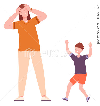 Mother and kid quarrel. Angry parent and boy argue Mother and kid quarrel. Angry parent and boy argue 106696673