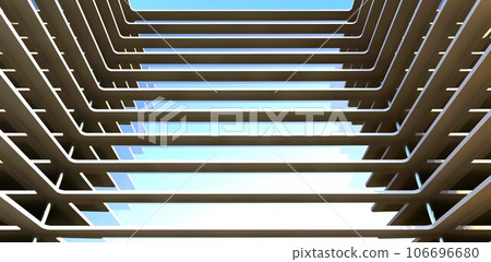 Bottom view from the yard of the modern u-shape apartment building with glass exterior. New design of the engineer from Amsterdam. 3d rendering. 106696680
