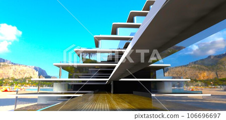 Newly designed 5 stars hotel with own sand beach in the ocean bay in Thailand. Reflection of the high rock in the glass facade. 3d rendering. Newly designed 5 stars hotel with own sand beach in the ocean bay in Thailand. Reflection of the high rock in the glass facade. 3d rendering. 106696697