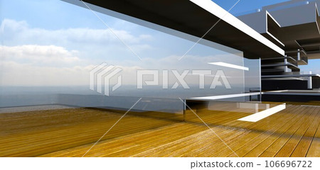 Unreal architecture. The spacious decked balcony of the luxury apartment with panoramic window reflecting high clouds. 3d rendering. Unreal architecture. The spacious decked balcony of the luxury apartment with panoramic window reflecting high clouds. 3d rendering. 106696722