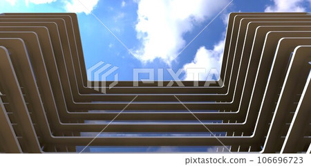 View from below of the contemporary apartment building newly constructed in suburbs of the Boston. 3d rendering. View from below of the contemporary apartment building newly constructed in suburbs of the Boston. 3d rendering. 106696723