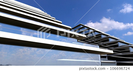 View of the stair facade of the low-rise hotel with glass exterior against the summer sky. 3d rendering. 106696724