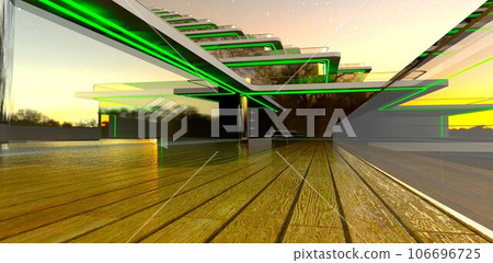 Wooden floor of the eco-friendly terrace fenced with glass. Mirror facade of the luxury apartment building at night. 3d rendering. 106696725
