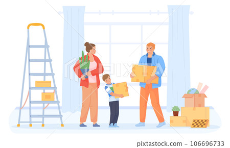 Parents and kid hold cardboard boxes. Family moving house 106696733