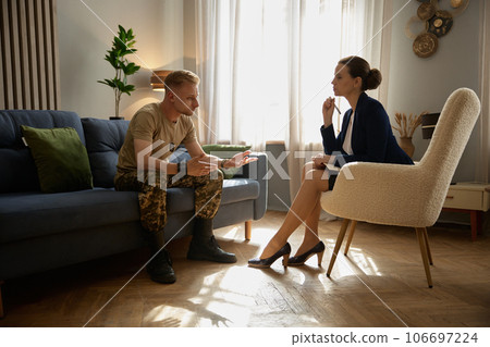 Frustrated army veteran in psychotherapy recovery 106697224