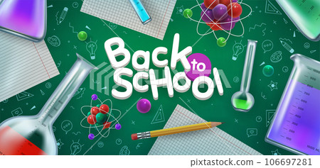 Science background. Back to school. Lab test tubes. Chemistry and Physics class. Blackboard chalk drawing. Laboratory 3D experiment. Fun education elements. Glass beaker. Vector exact banner design 106697281