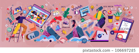 Business technology. People characters. Mobile gadgets. Finance and digital marketing. Colleagues communication and negotiation. Video conference. Man and woman handshaking. Vector flat exact concept Business technology. People characters. Mobile gadgets. Finance and digital marketing. Colleagues communication and negotiation. Video conference. Man and woman handshaking. Vector flat exact concept 106697285