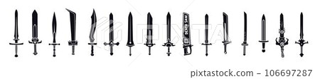 Sword icons. Medieval weapon silhouette design. Fantasy knife. Samurai katana. Pirate or knight dagger. Metal weapon. Steel broadsword or sharp saber. War fight. Viking arms. Vector black symbols set 106697287