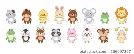 Kawaii animals. Cute farm characters, zoo and wildlife animals. Little cat, horse and baby duck, rabbit and chicken. Frog chicken and lion. Nursery childish decor. Vector cartoon tidy illustration 106697297