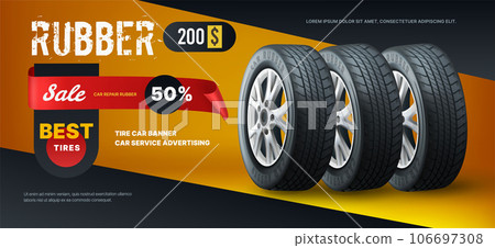 Tire car banner. Tyre change. Automotive repair. Rubber wheel ad poster design. Sale in auto service. Price discount. Vehicle garage promotion. Transport workshop. Vector exact advertising background 106697308