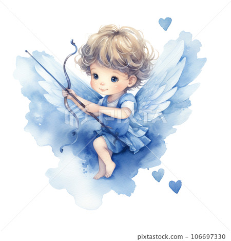 AI generative watercolor love blue heart on transparent background, angel Cupid with heart 106697330