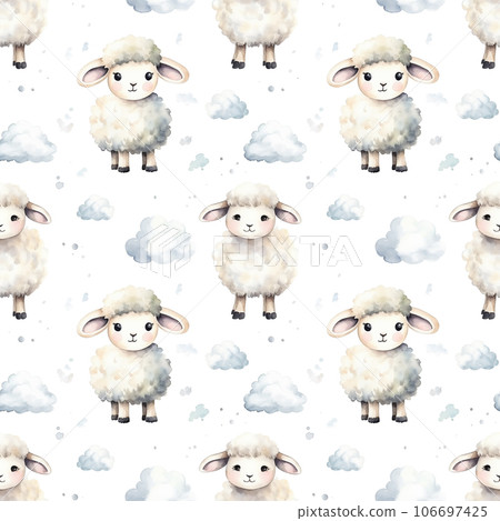 Seamless pattern with cute sheep and clouds isolated on white background. Watercolor illustration. 106697425