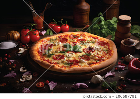 Pizza with different tastes with vegetables.GenerativeAI. 106697791