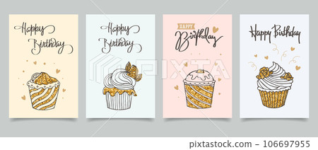 Happy birthday. Set of greeting cards with cakes, balloons, gifts and party hats with calligraphy. Cute congratulations templates in a simple style. Vector Happy birthday. Set of greeting cards with cakes, balloons, gifts and party hats with calligraphy. Cute congratulations templates in a simple style. Vector 106697955