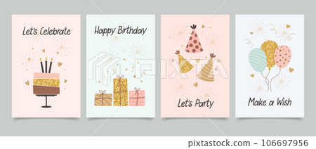 Happy birthday. Set of greeting cards with cakes, balloons, gifts and party hats with calligraphy. Cute congratulations templates in a simple style. Vector Happy birthday. Set of greeting cards with cakes, balloons, gifts and party hats with calligraphy. Cute congratulations templates in a simple style. Vector 106697956