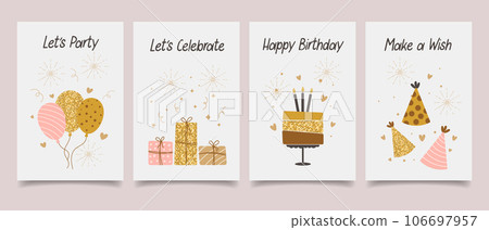 Happy birthday. Set of greeting cards with cakes, balloons, gifts and party hats with calligraphy. Cute congratulations templates in a simple style. Vector Happy birthday. Set of greeting cards with cakes, balloons, gifts and party hats with calligraphy. Cute congratulations templates in a simple style. Vector 106697957
