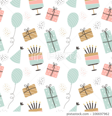 Seamless pattern Happy Birthday. Cakes, balloons, gift boxes and party hats. Festive background in simple style with golden sparkles, vector 106697962