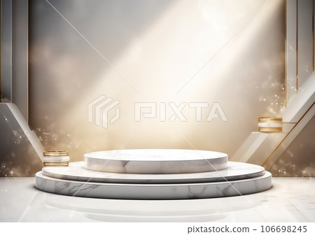 abstract modern minimal background with cobblestones on the wet floor. Trendy showcase with golden round frame and empty platform for product displaying. AI Generative. abstract modern minimal background with cobblestones on the wet floor. Trendy showcase with golden round frame and empty platform for product displaying. AI Generative. 106698245