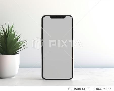 Isolated blank smart phone display with plants. Window and sun light in background. AI Generative. 106698282