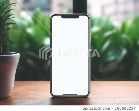 Isolated blank smart phone display with plants. Window and sun light in background. AI Generative. 106698287