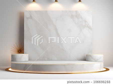 abstract modern minimal background with cobblestones on the wet floor. Trendy showcase with golden round frame and empty platform for product displaying. AI Generative. 106698288